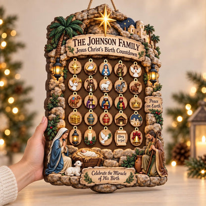 Personalized Nativity Advent Calendar: Custom Wood Christmas Countdown Sign with Hanging Ornaments
