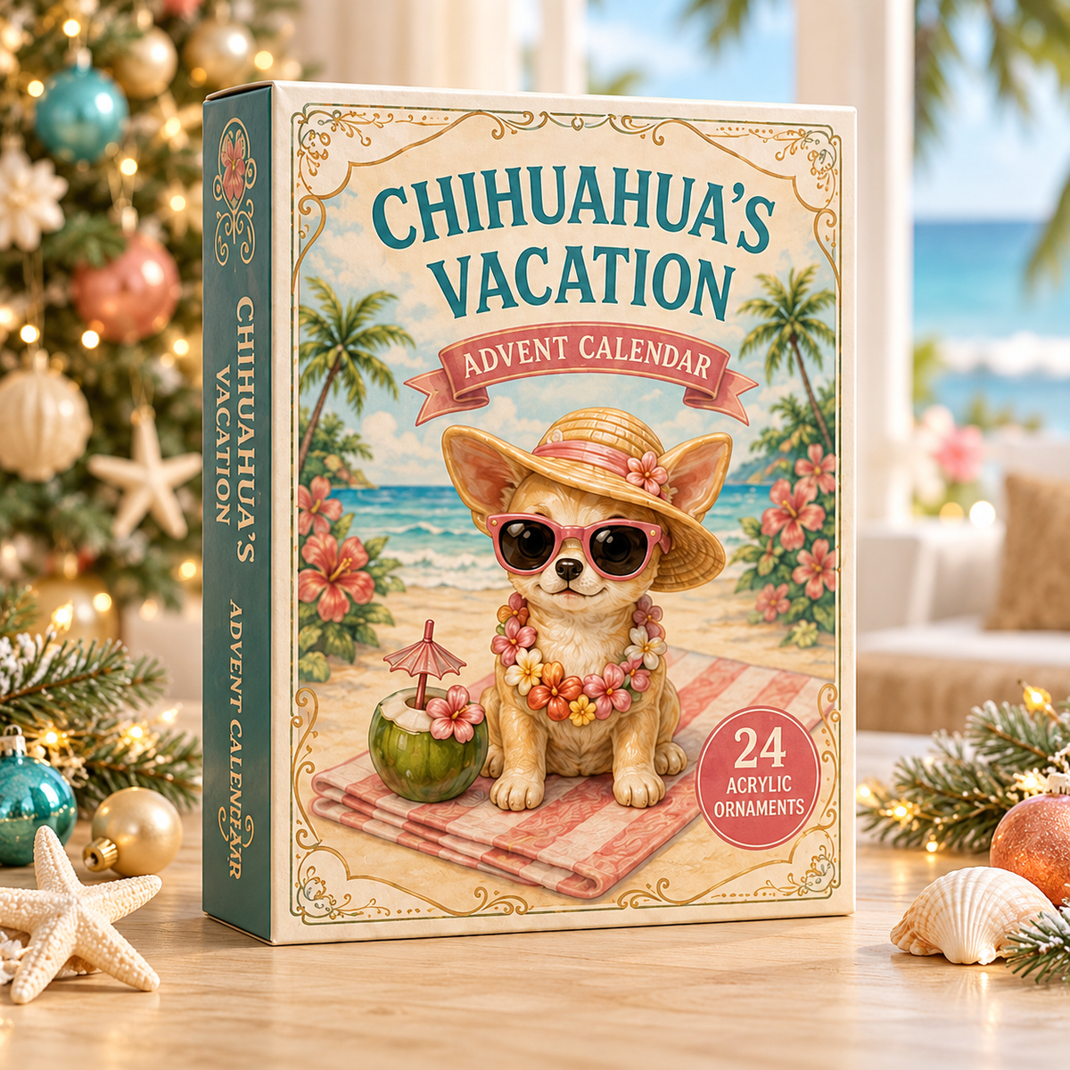 Chihuahua Beach Vacation Advent Calendar 2026 - 24-Day Festive Countdown, Acrylic Charms Blind Box - Gift For Dog Lovers