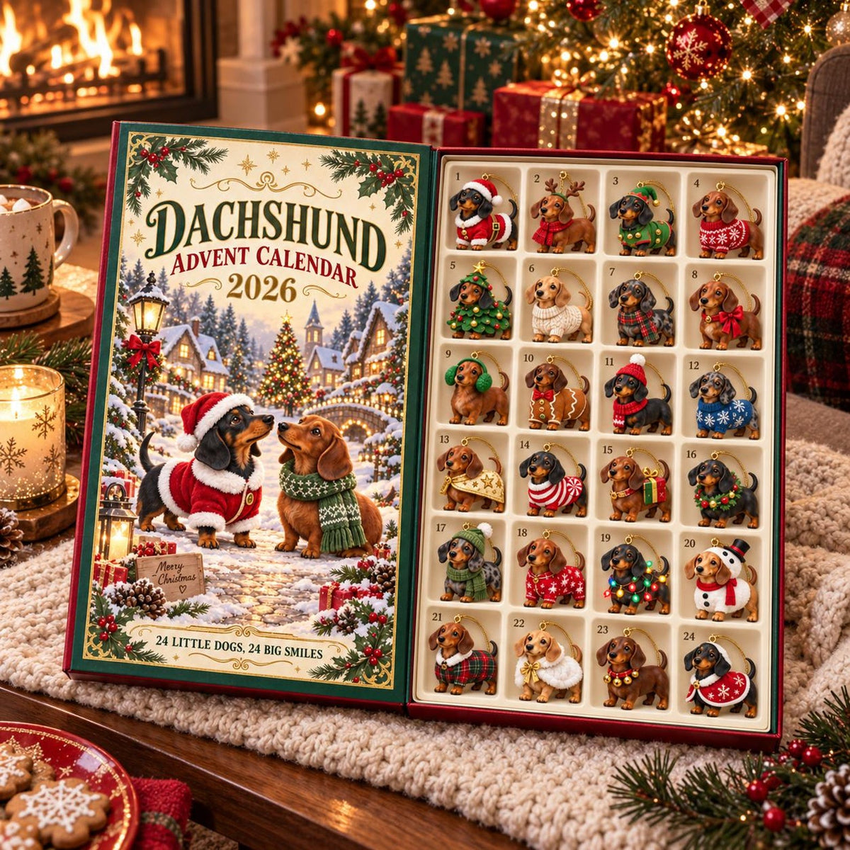 2D Dachshund Advent Calendar 2026,Christmas Weenie Dog Ornaments Countdown,24 Days of Xmas Surprises Gift Box,Dog Lover Gift,Holiday Decor