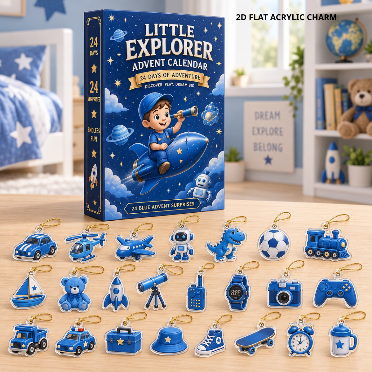 2026 Little Explorer Advent Calendar – 24 Days of Adventure with 24 Blue 2D Acrylic Charms, Fun Christmas Countdown Gift for Kids, Curious Minds & Little Adventurers