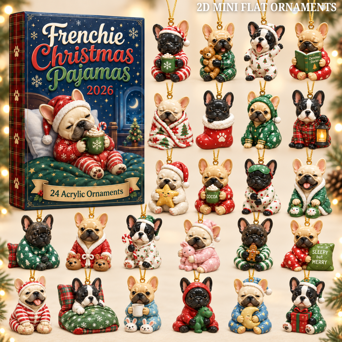 Frenchie Christmas Pajamas Advent Calendar 2026 - 24-Day Festive Countdown, Acrylic Charms Blind Box - Gift For French Bulldog Lovers