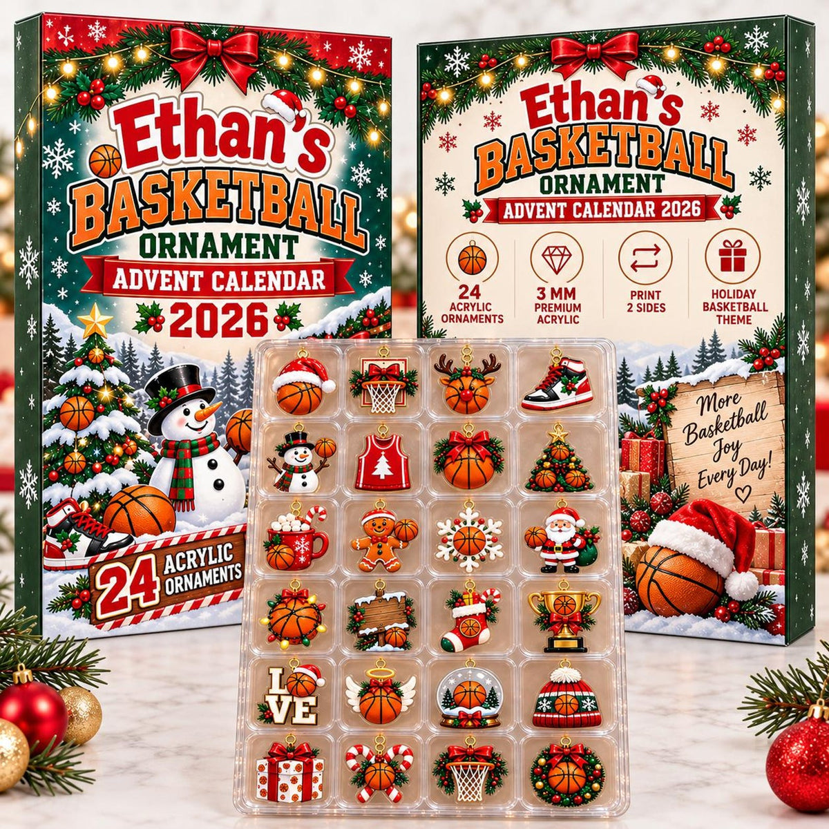 Basketball Advent Calendar 2026, Christmas Countdown Box, 24 Basketball Charms, Personalized Sports Holiday Keepsake, Basketball Player Gift John