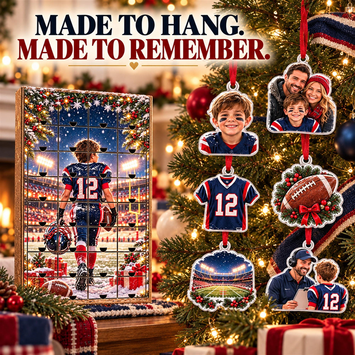 Personalized Football Advent Calendar with 24 Custom Photo Acrylic Ornaments, Player Number Christmas Gift for Football Family and Coach