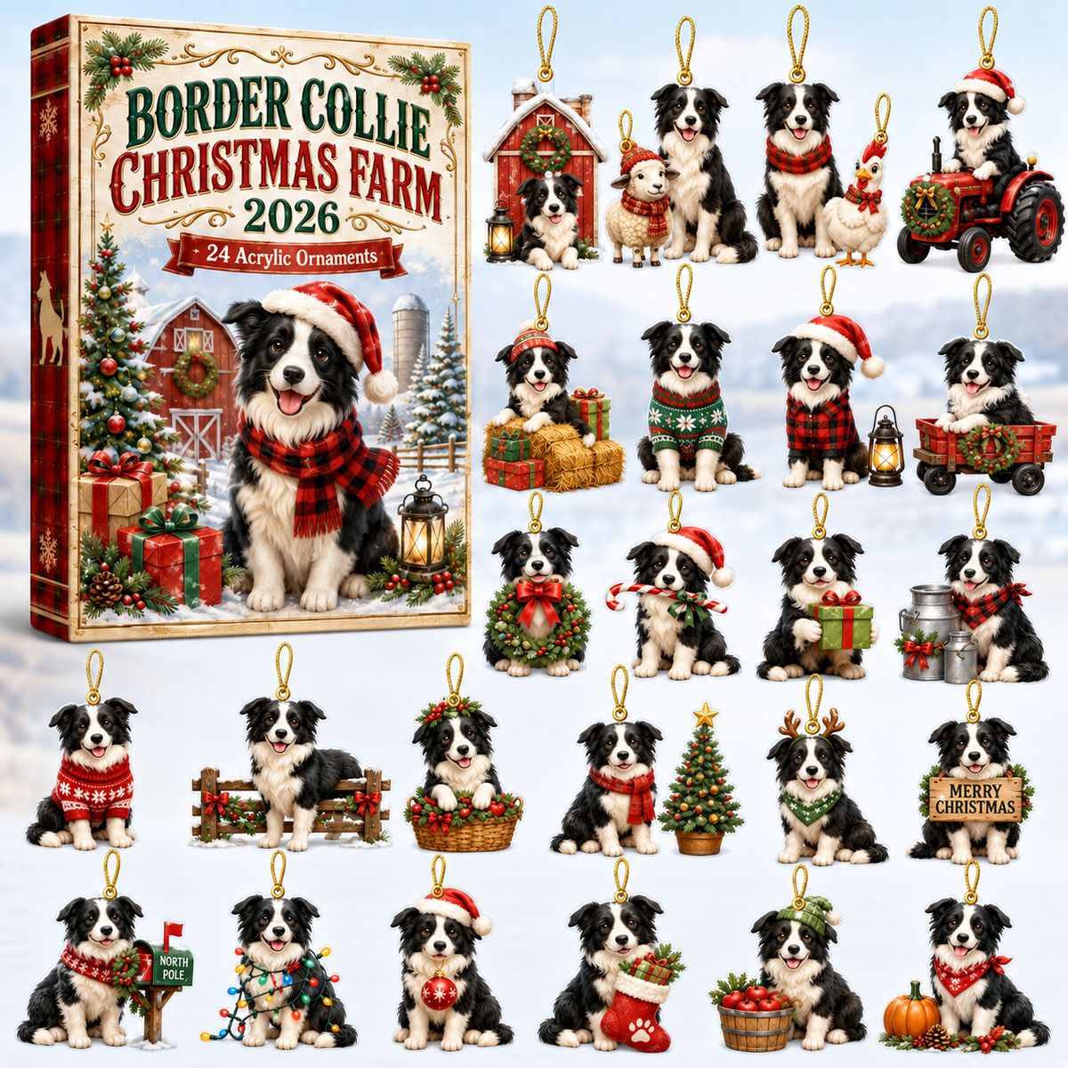 Border Collie Christmas Farm Advent Calendar 2026 - 24-Day Festive Countdown, Acrylic Charms Blind Box - Gift For Border Collie Lovers