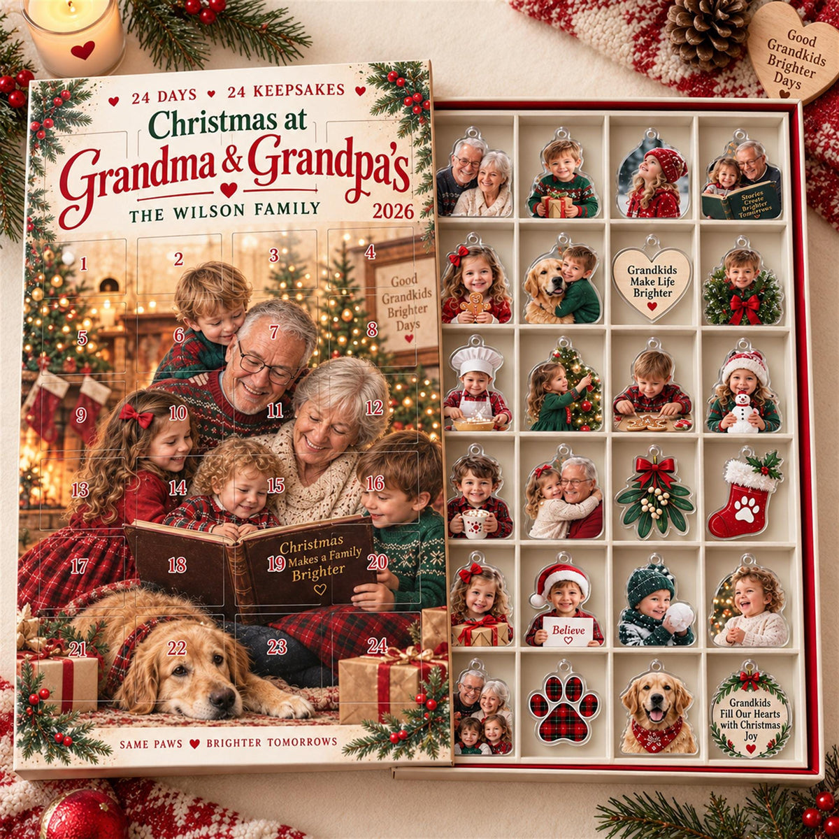 Personalized Grandparents Advent Calendar with 24 Custom Photo Acrylic Ornaments, Christmas Gift for Grandma Grandpa, Grandkids Keepsake