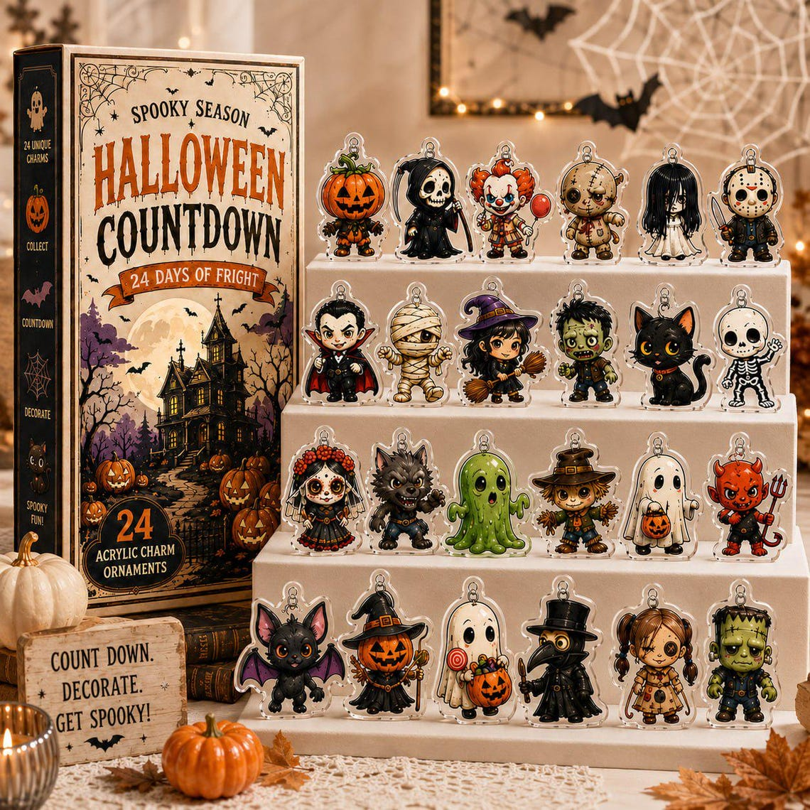 2026 Spooky Season Halloween Advent Calendar, 24 Acrylic Charm Ornaments, Horror Characters Countdown Box Collectible Gift