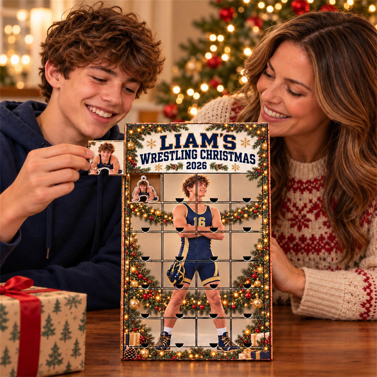 Personalized Wrestling Advent Calendar with 24 Custom Photo Acrylic Ornaments, Wrestler Christmas Gift for Athlete Family and Coach Keepsake