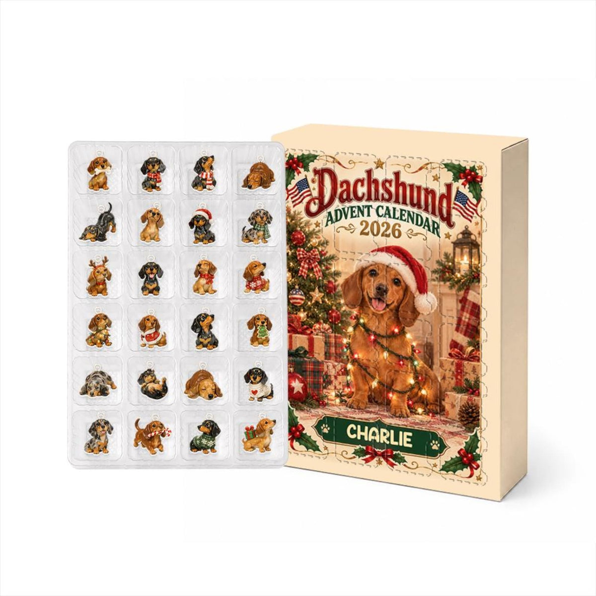 Personalized Dachshund Advent Calendar, 24 Acrylic Charms, Custom Dog Name, Holiday Countdown, Wiener Dog Lover Gift
