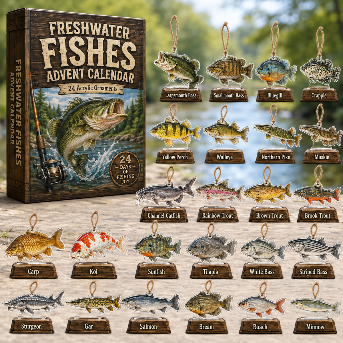 Freshwater Fishing Species Advent Calendar 2026 - 24-Day Festive Countdown, Acrylic Charms Blind Box - Gift For Fishing Lovers