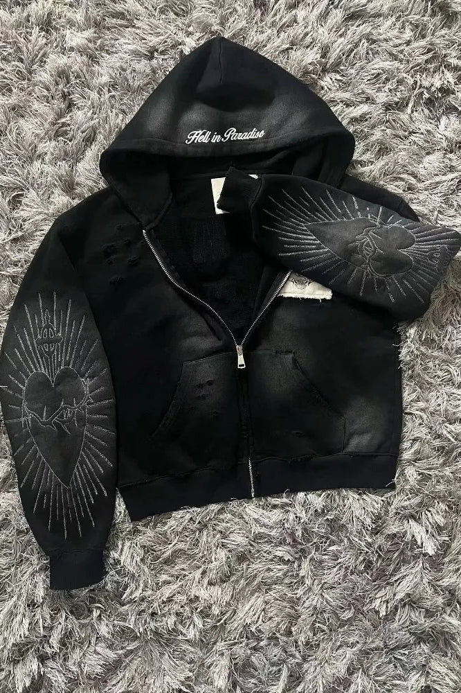 Letter Embroidery Zipper Hoodie