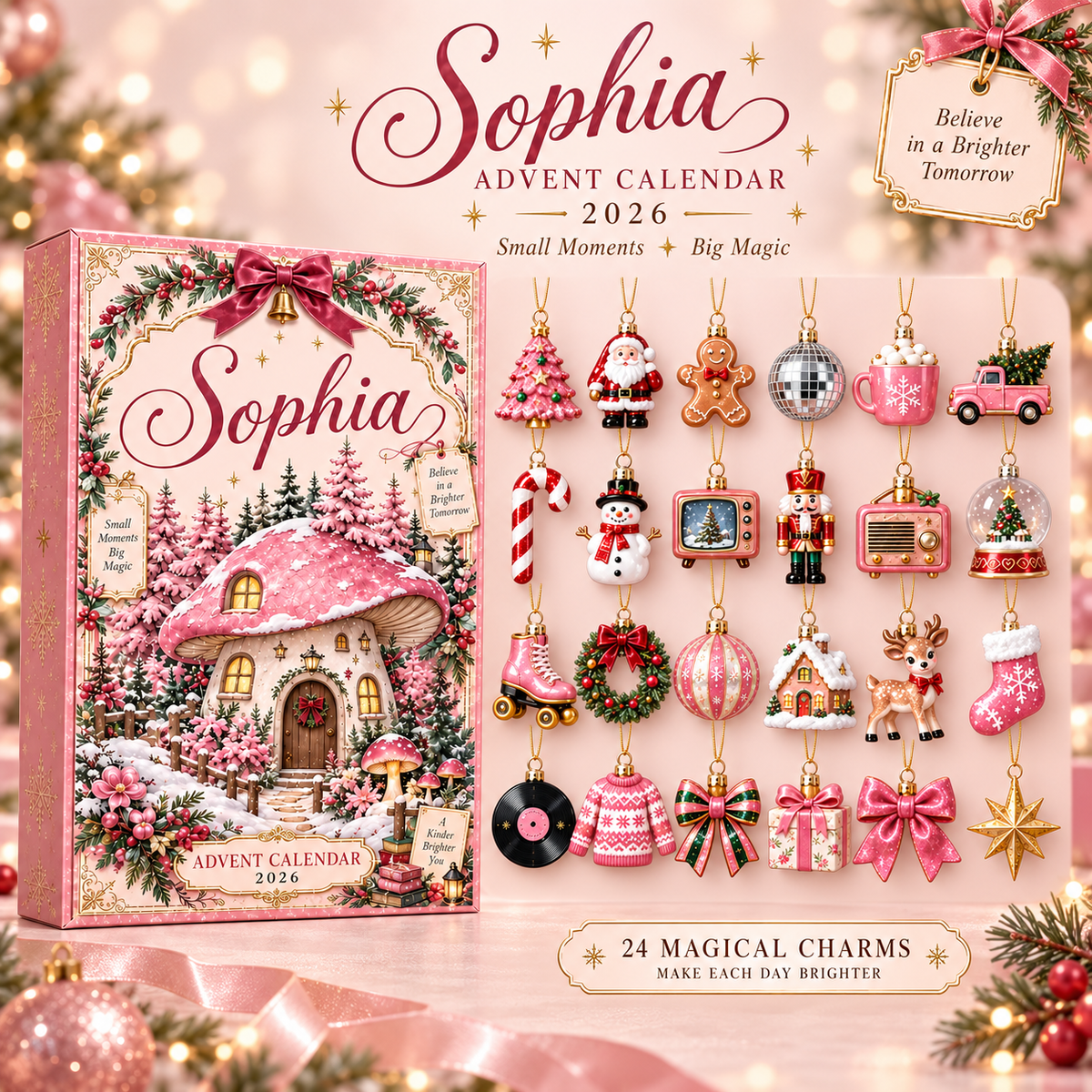 Personalized Christmas Advent Calendar 2026, Custom Name 24 Acrylic Ornament Charms, Pink Holiday Countdown Gift for Girls, Kids & Family