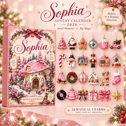 Personalized Christmas Advent Calendar 2026, Custom Name 24 Acrylic Ornament Charms, Pink Holiday Countdown Gift for Girls, Kids & Family