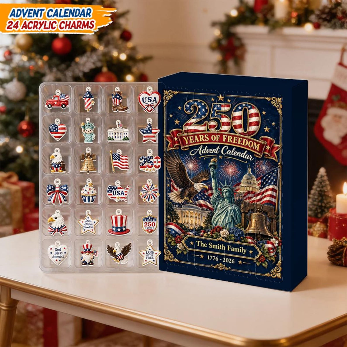 Personalized 250th Freedom Patriotic Christmas Advent Calendar, 24 Acrylic Charms America Countdown Box Gift