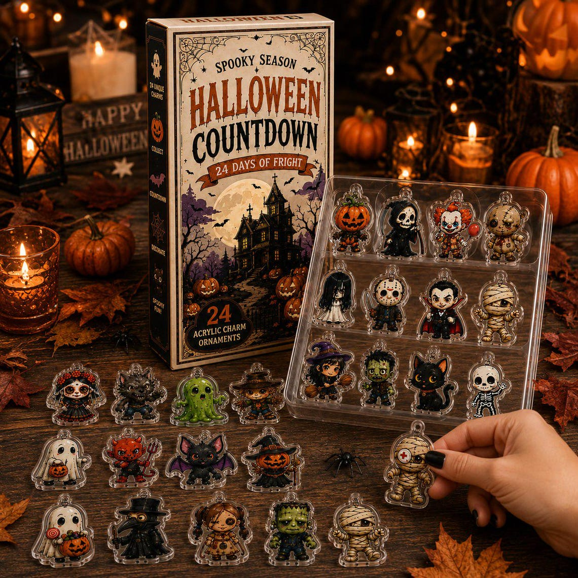 2026 Spooky Season Halloween Advent Calendar, 24 Acrylic Charm Ornaments, Horror Characters Countdown Box Collectible Gift