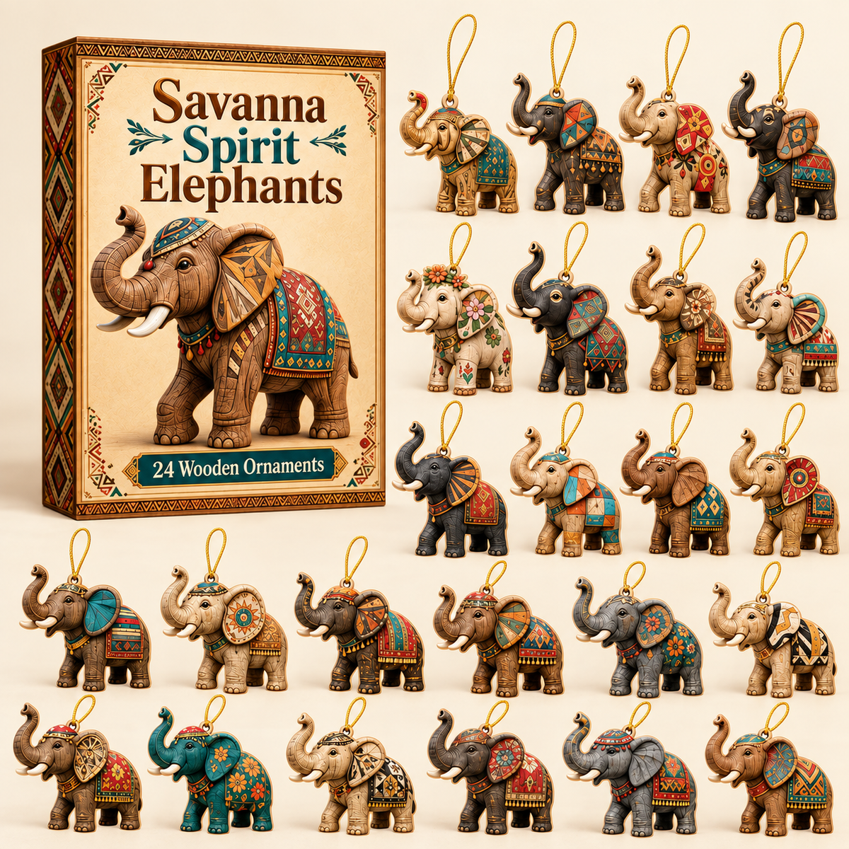 Savanna Spirit Elephants Advent Calendar 2026 - 24-Day Festive Countdown, Wooden Charms Blind Box - Gift For Elephant Lovers