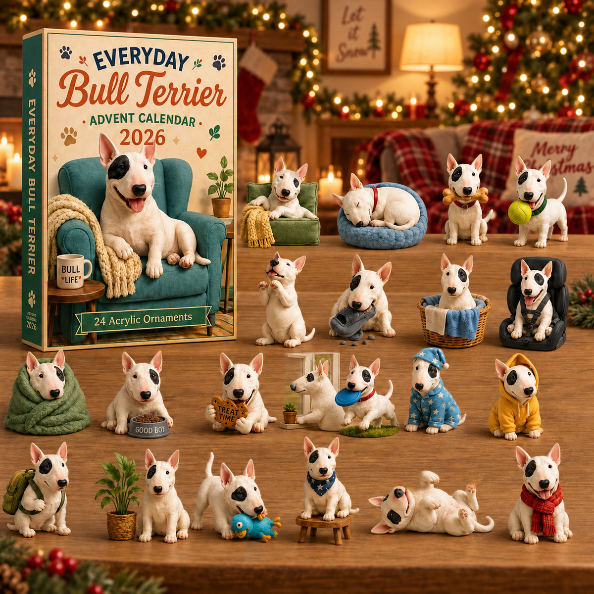 Bull Terrier Advent Calendar 2026, 24 Acrylic Dog Charms, Christmas Countdown Ornament Set, Bull Terrier Lover Holiday Gift