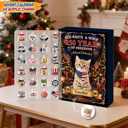 Custom Cat Advent Calendar 24 Charms, Personalized Cat Lover Xmas Gift, Patriotic 250 Year Pet Countdown Box, USA Holiday Sign