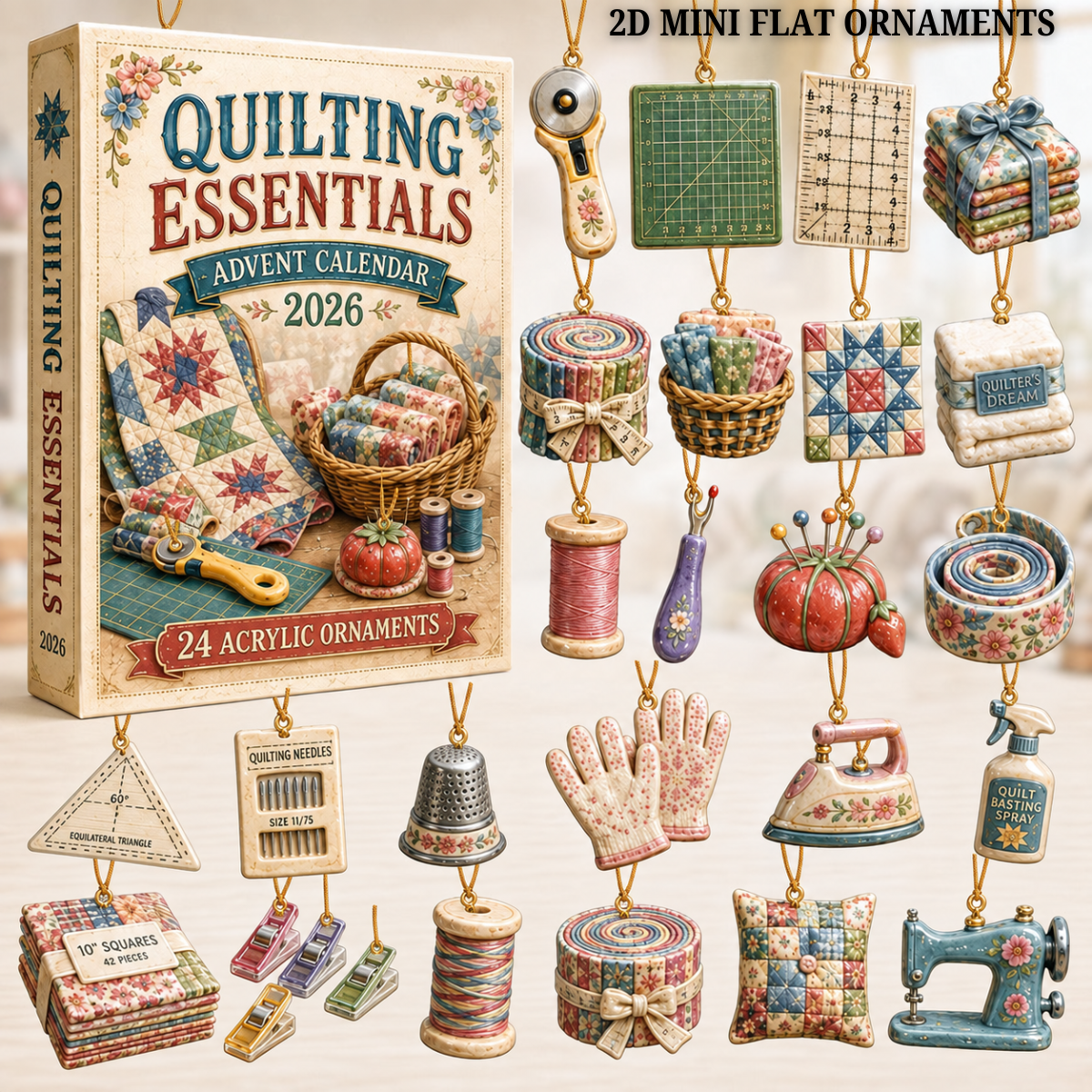 Quilting Essentials Advent Calendar 2026 - 24-Day Festive Countdown, Acrylic Charms Blind Box - Gift For Quilting Lovers