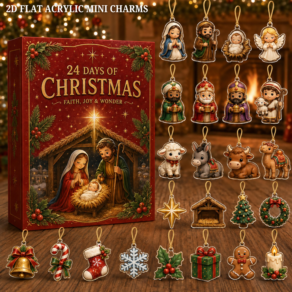 Nativity Advent Calendar, 24-Day Christian Christmas Countdown with Acrylic or Wood Charms