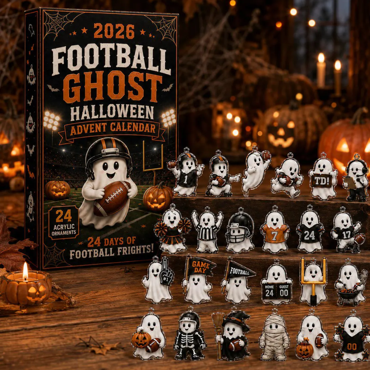 2026 Halloween Football Ghost Advent Calendar – 24-Day Spooky Sports Countdown with Acrylic Ghost Charms, Fun Football-Themed Collector Gift for Kids & Fans
