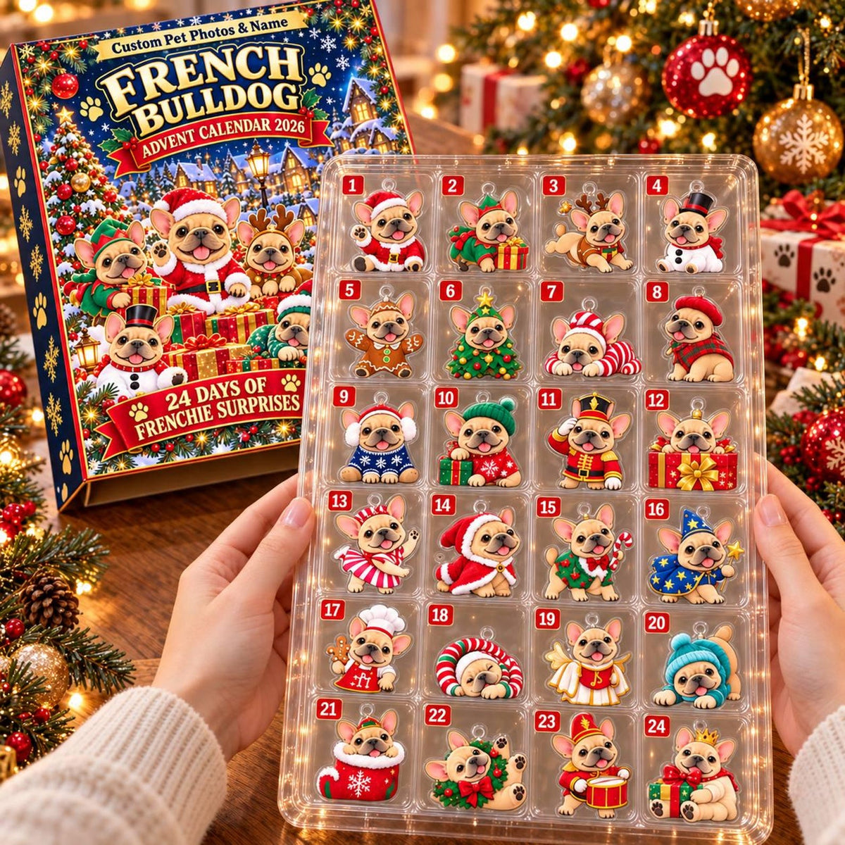 Personalized Frenchie Christmas 2D Acrylic Advent Calendar, French Bulldog 24 Days Acrylic Ornament Countdown, Dog Christmas Gift, 24 Days Of Suprise