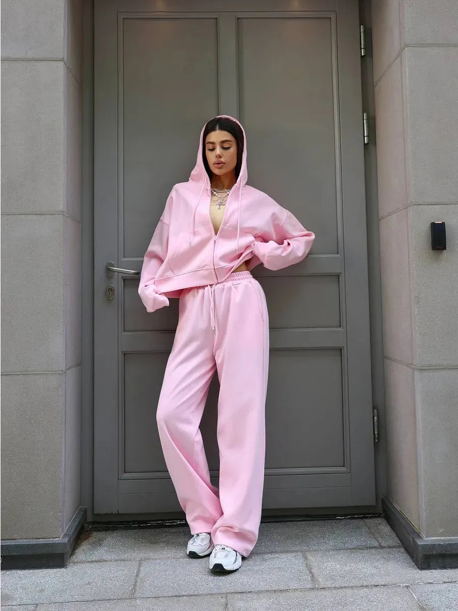 Two-Piece Solid Color Zipper Hoodie and Trousers Set