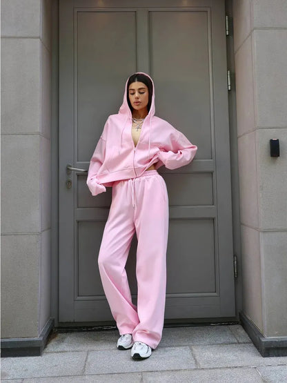 Two-Piece Solid Color Zipper Hoodie and Trousers Set