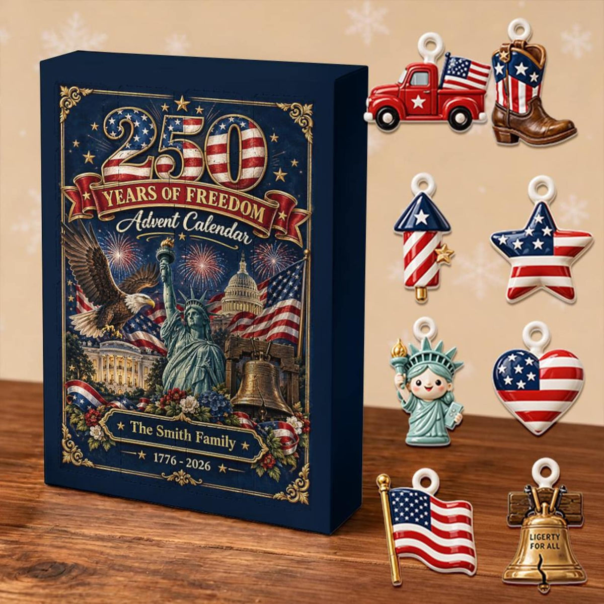 Personalized 250th Freedom Patriotic Christmas Advent Calendar, 24 Acrylic Charms America Countdown Box Gift