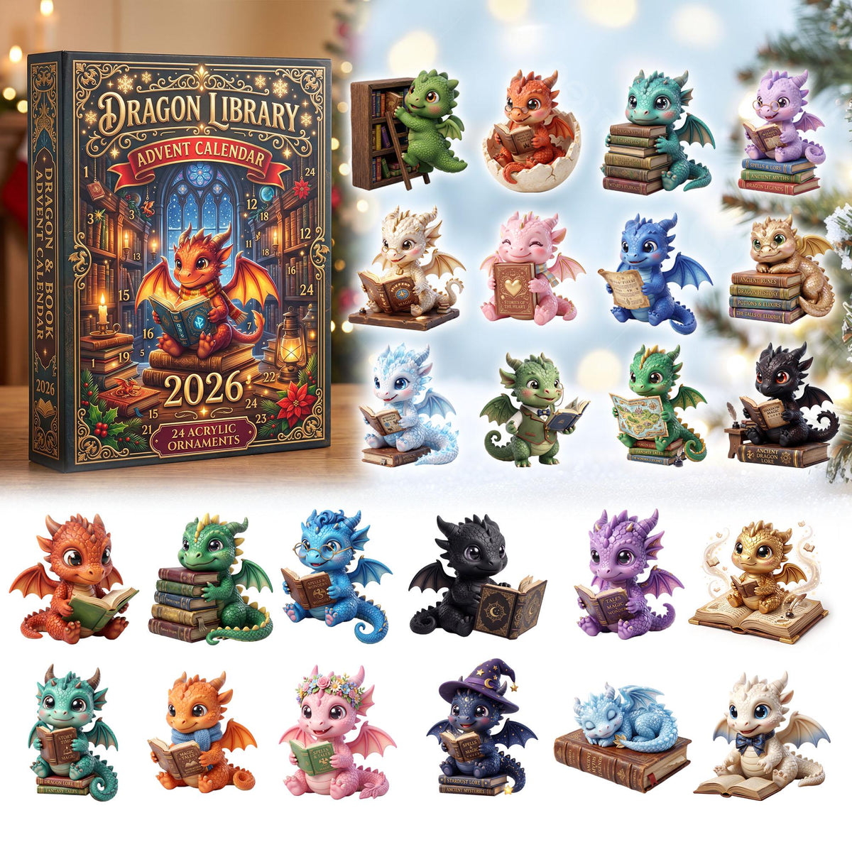 Dragon Dragon Library Advent Calendar 2026, 24 2D Dragon Charms Blind Box, Dragon Lovers Gift, 24 Day Reading Countdown For Book Lover