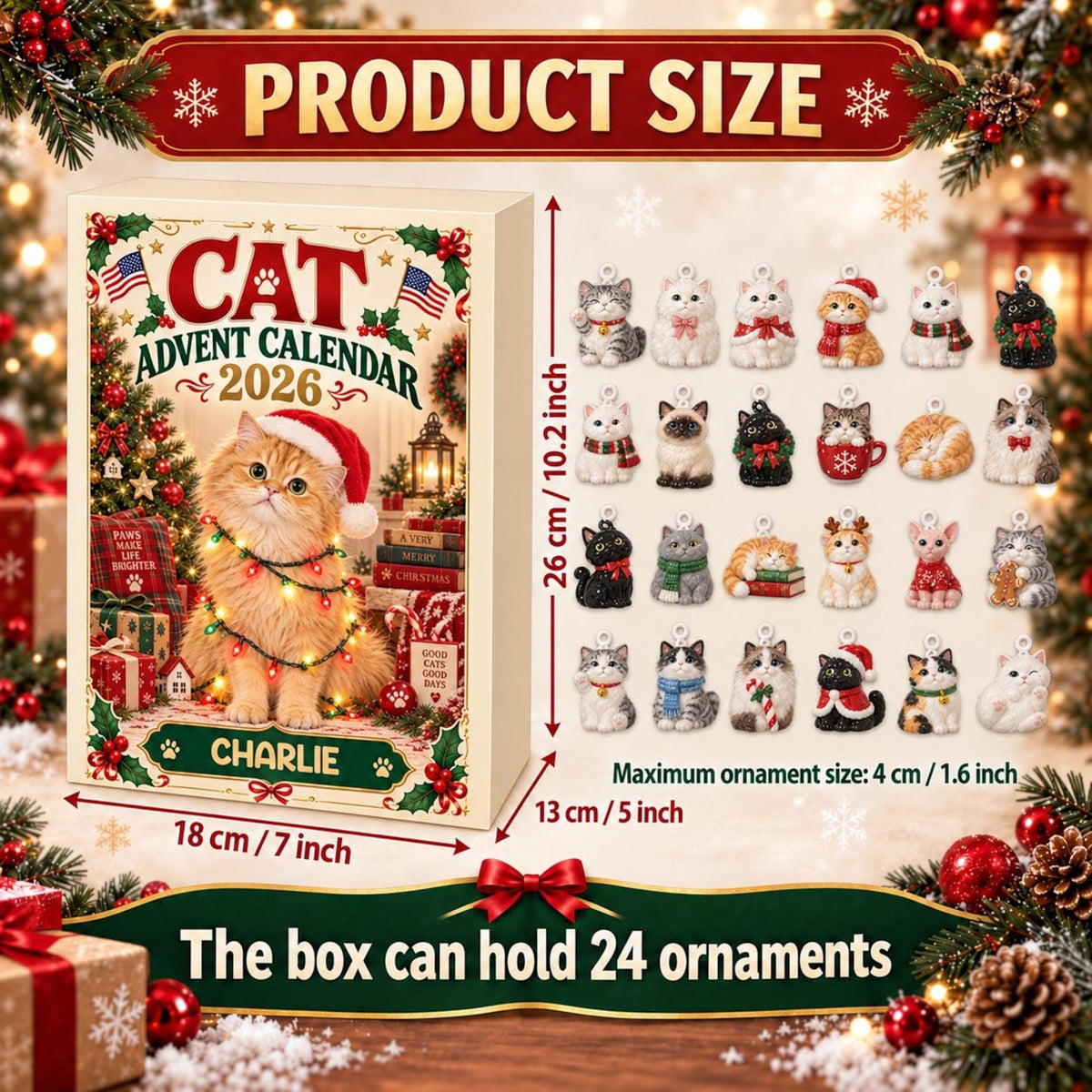 Personalized Cat Advent Calendar 2026, 24 Acrylic Charms, Christmas Countdown Gift for Cat Lovers