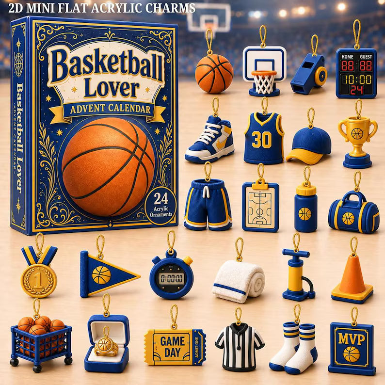 Basketball Blue Theme Advent Calendar 2026, Hoops Holiday Countdown Box, Acrylic Sports Charm Set, Athletic Fan Blind Box Gift