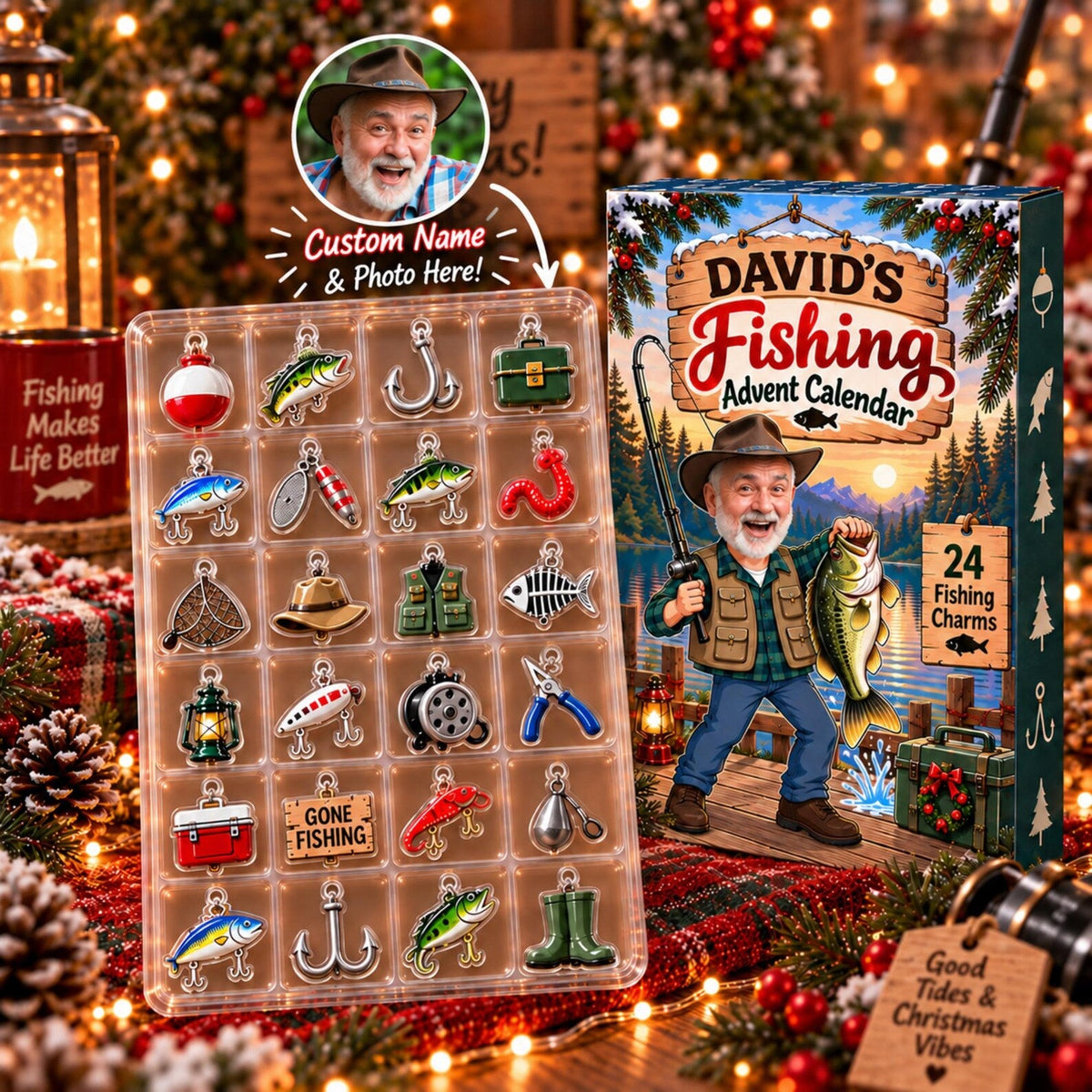 Personalized Fishing Advent Calendar, Custom Photo & Name, 24 Acrylic Fishing Charms, Christmas Gift for Fisherman