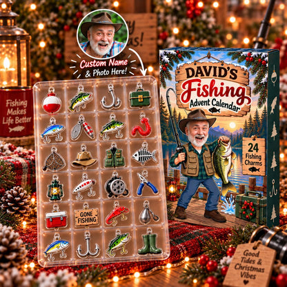 Personalized Fishing Advent Calendar, Custom Photo & Name, 24 Acrylic Fishing Charms, Christmas Gift for Fisherman