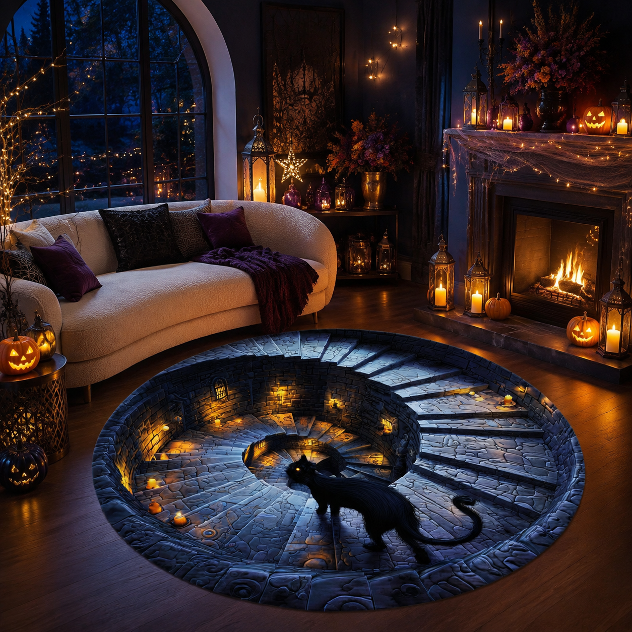 3D Black Cat Spiral Stone Stairs Illusion Halloween Quilt Round Rug