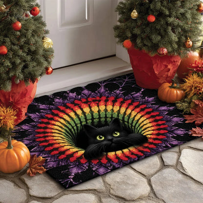 3D Black Cat Vortex Illusion Halloween Gate Doormat