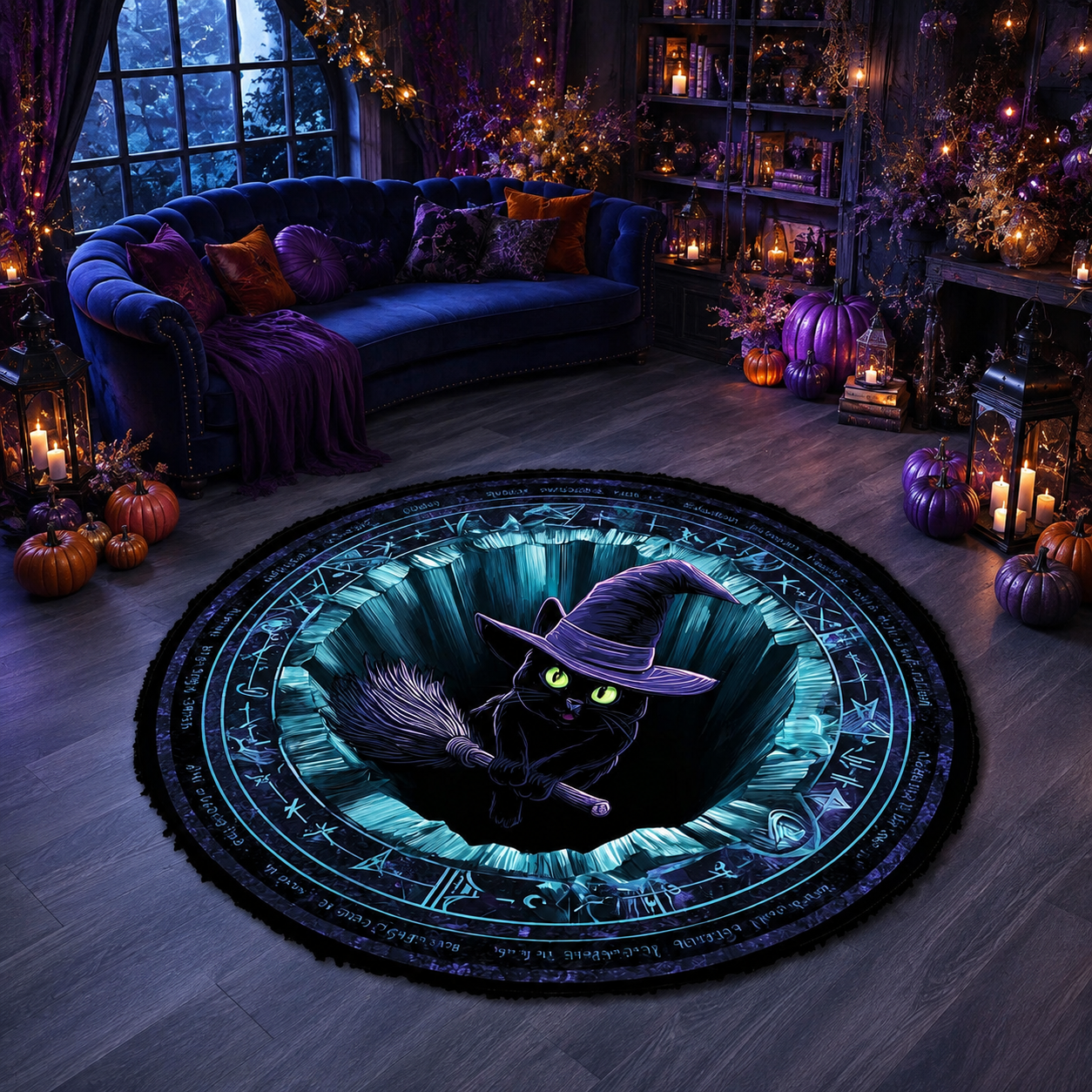 3D Black Cat Witch Flying Broom Magic Circle Halloween Quilt Round Rug