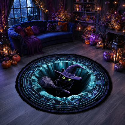 3D Black Cat Witch Flying Broom Magic Circle Halloween Quilt Round Rug