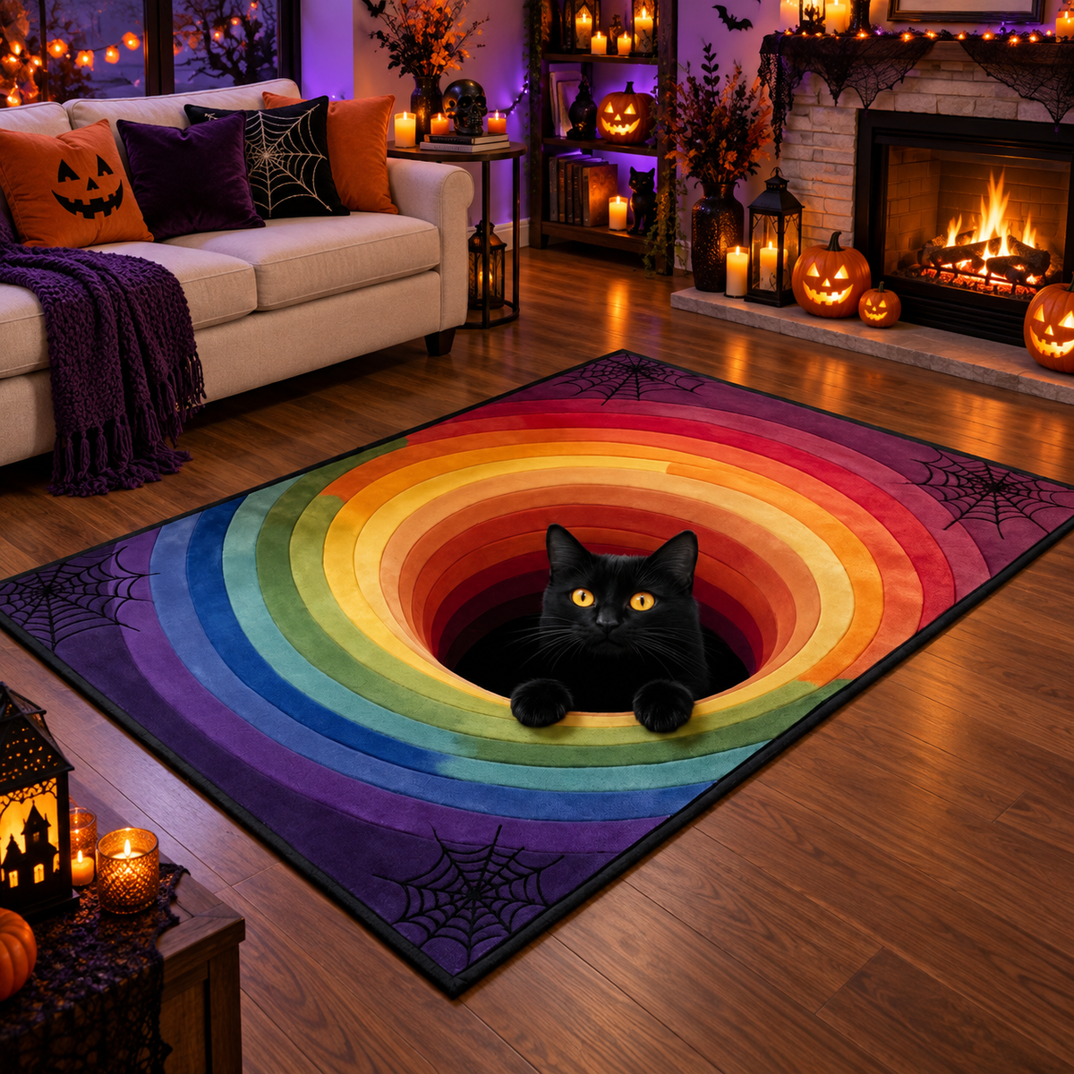 3D Cat Rainbow Vortex Halloween Area Rug