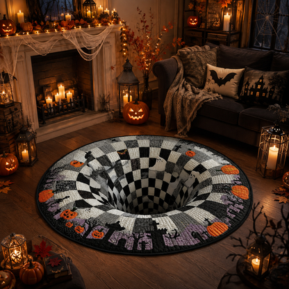 3D Checkerboard Hole Illusion Halloween Quilt Round Rug