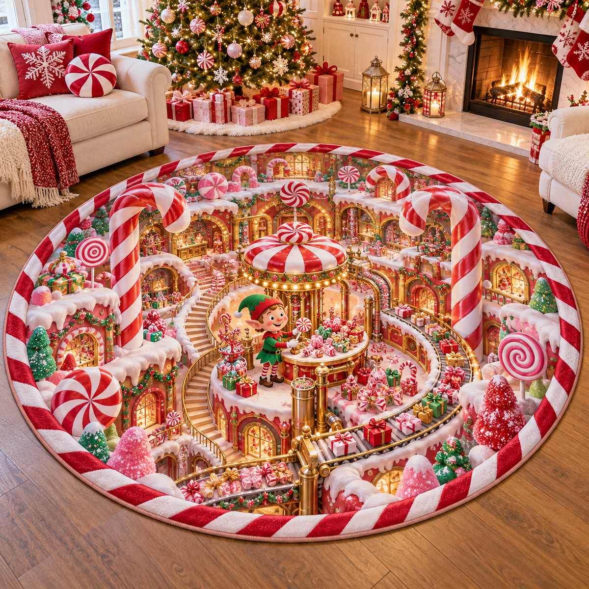 3D Christmas Candy Cane Elf Factory Quilted Round Rug