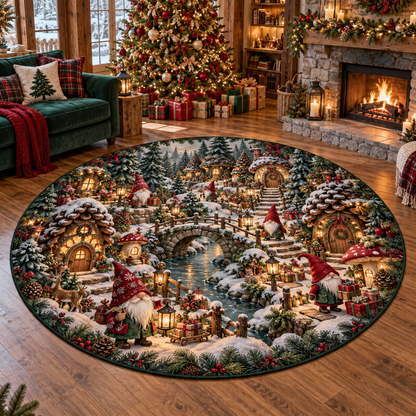 3D Christmas Gnome Forest Village Quilted Round Floor Rug