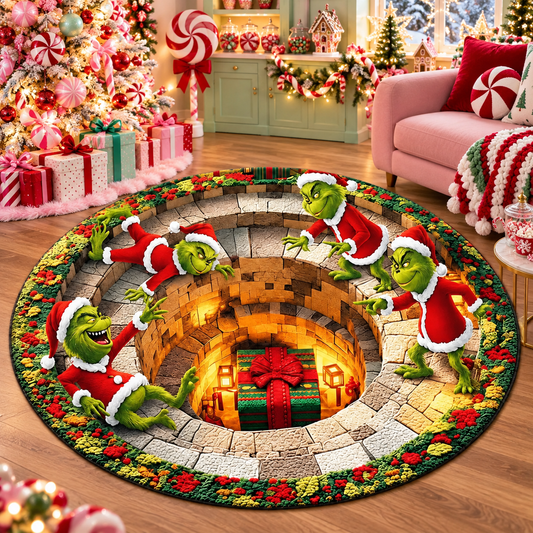 3D Christmas Green Monster Stealing Gift Quilted Round Rug