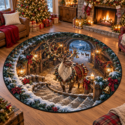 3D Christmas Reindeer Stable Spiral Round Rug Holiday Decor