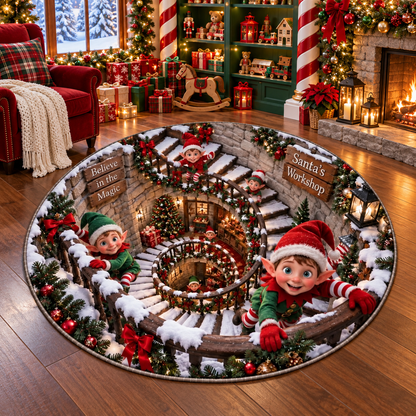 3D Christmas Santa Workshop Elves Quilted Round Rug Decor