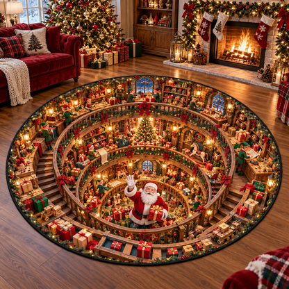 3D Christmas Santa Workshop Quilted Round Rug Holiday Decor