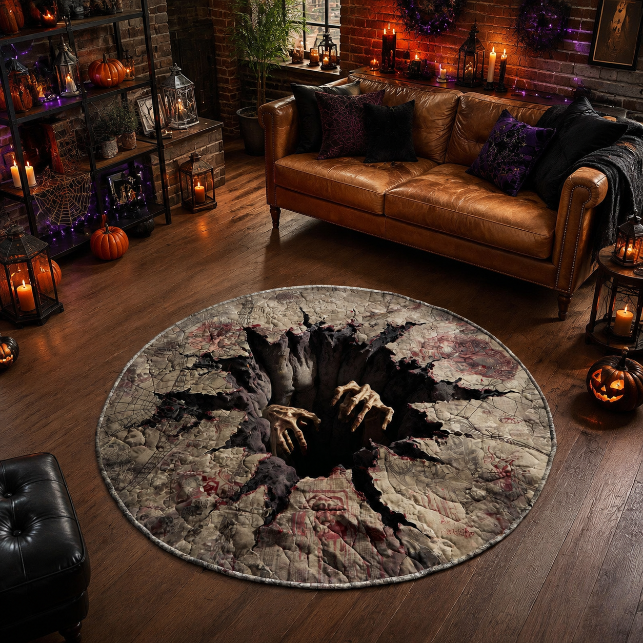 3D Creepy Hands Rising From Abyss Hole Halloween Quilt Round Rug