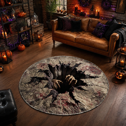 3D Creepy Hands Rising From Abyss Hole Halloween Quilt Round Rug