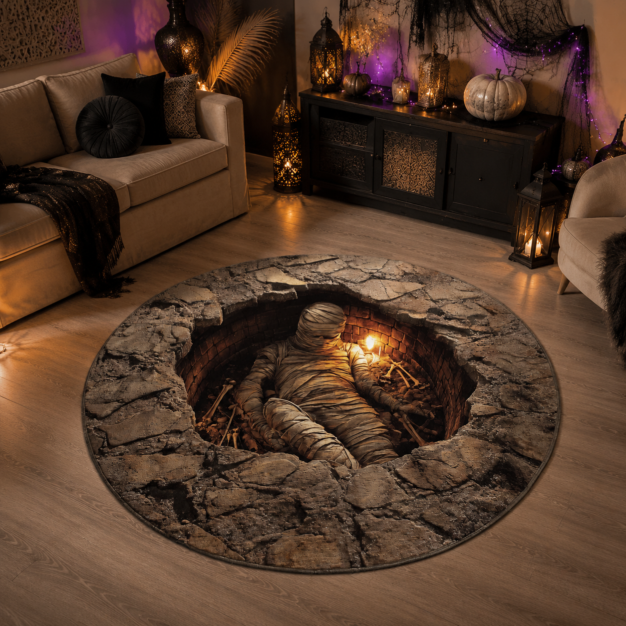 3D Egyptian Mummy Inside Stone Pit Hole Halloween Quilt Round Rug