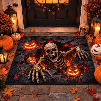 3D Emerging Skeleton Lava Pit Pumpkin Halloween Gate Doormat