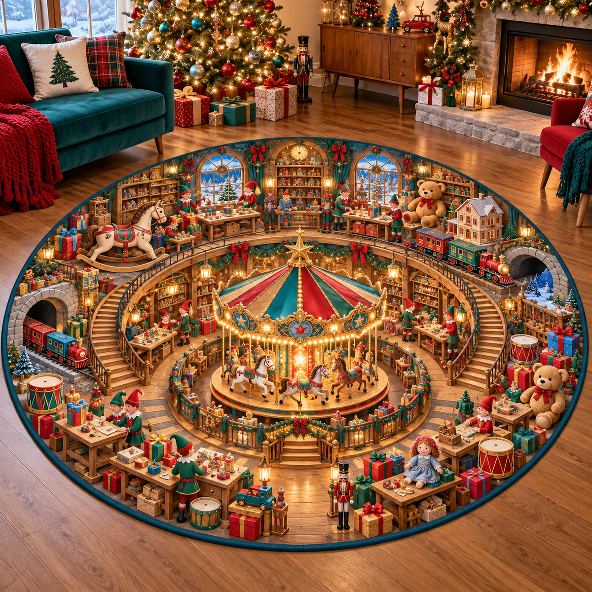 3D Enchanted Toy Workshop Carousel Christmas Quilted Round Rug